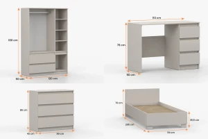 SIMO E tienerkamerset, kinderkamerset met bed 90x200 cm in kasjmier & wit Kinder Meubels 24