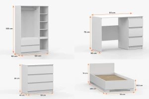 SIMO E tienerkamerset, kinderkamerset met bed 90x200 cm in kasjmier & wit Kinder Meubels 24