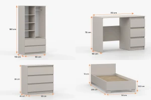 SIMO F tienerkamerset, kinderkamerset met bed 90x200 cm in kasjmier & wit Kinder Meubels 24