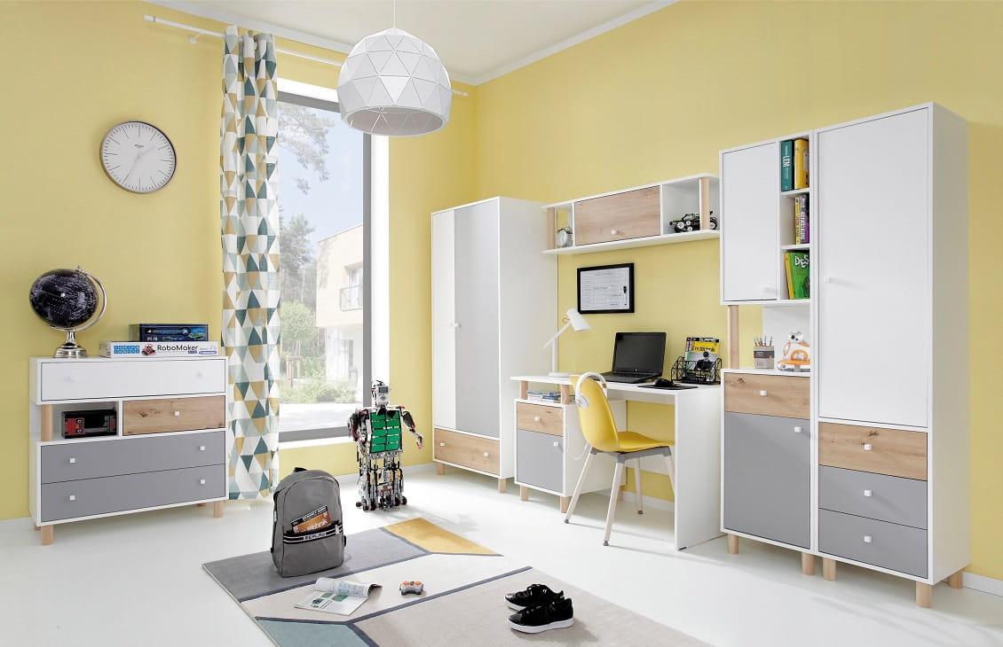 BIM Furniture Stapelbed Smile P Kindermeubels, Meubelset voor een kinderkamer, een bed met bureau, planken, laden: rechterkant (Artisan eiken/crème