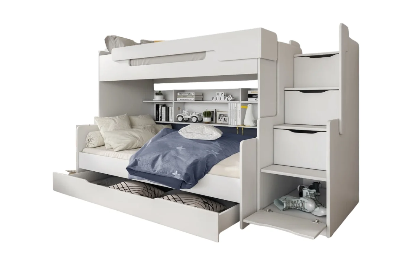 HANNA 2-persoons Stapelbed Hoogslaper met Trappen wit Kinder Meubels 24