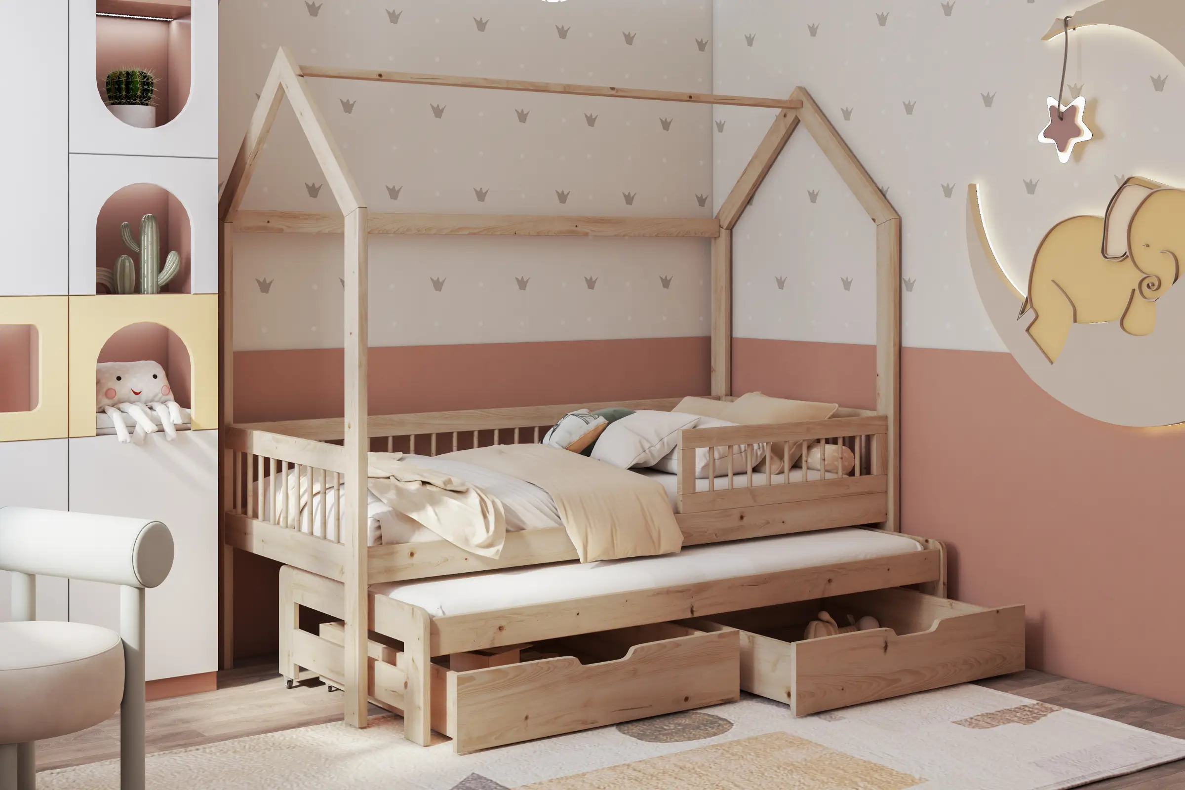 ADA 90x200 Natuurlijk Grenen Huisbed Uitschuifbed Kinder Meubels