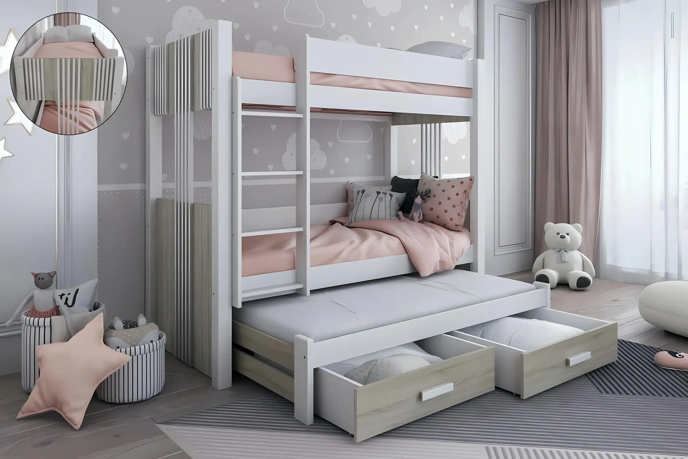 ALEXANDRA III 90x200 Wit + Eik Sonoma Stapelbed Uitschuifbed met Lades Kinder Meubels