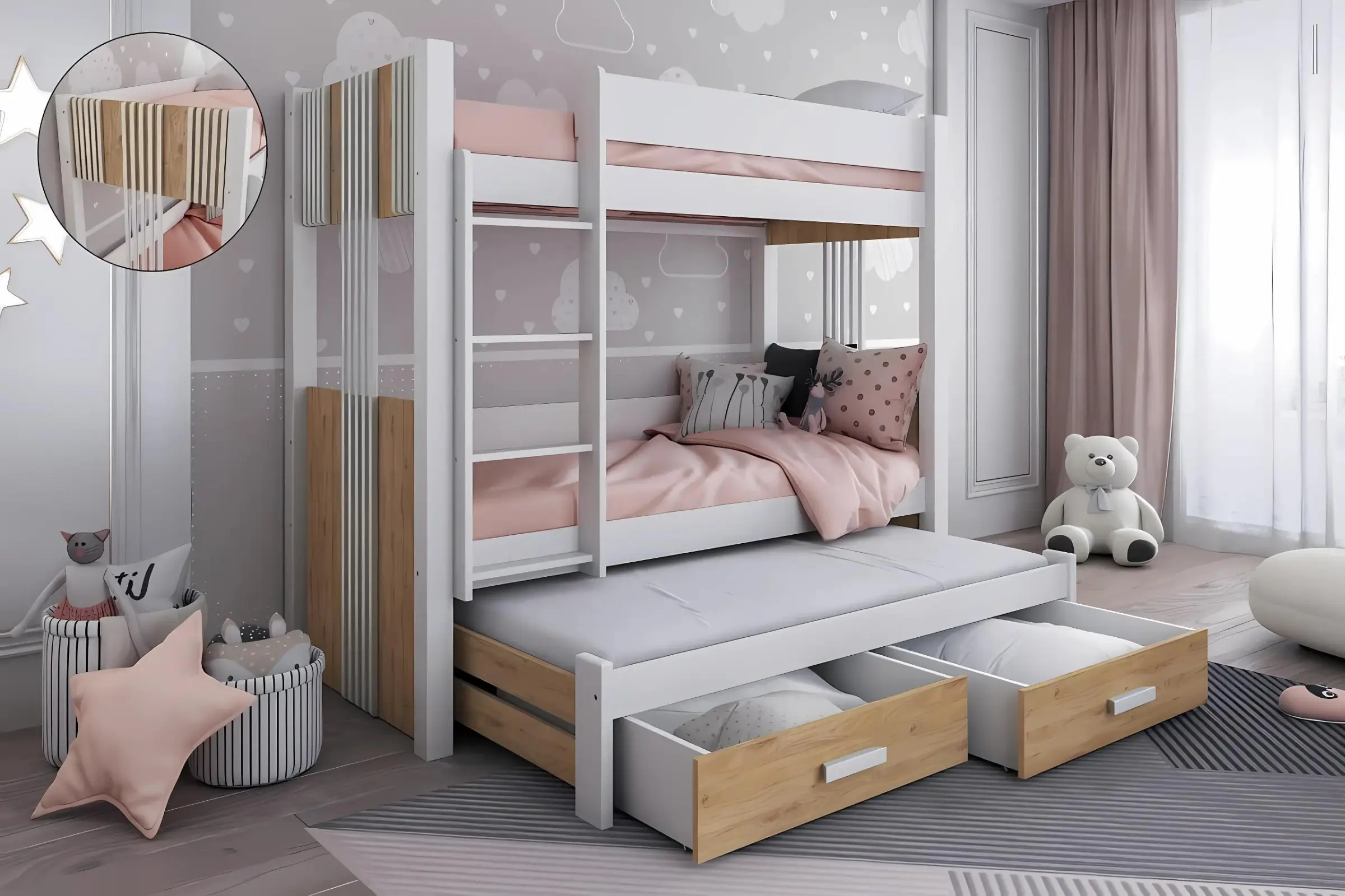 ALEXANDRA III 90x200 Wit + Eik Schetland Stapelbed Uitschuifbed met Lades Kinder Meubels