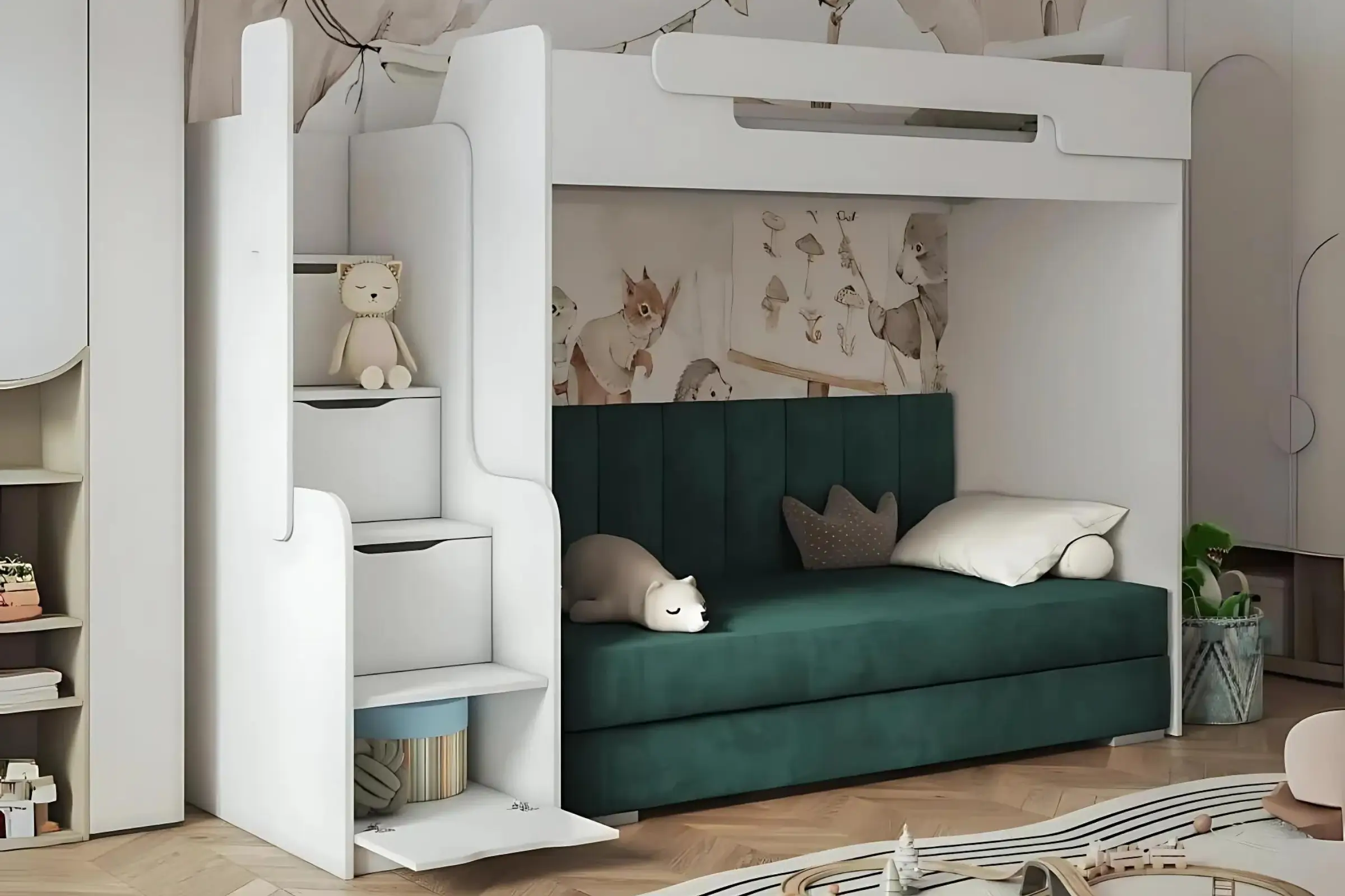 ARTHUR 90x200 Wit + Velours Amber 502 Donkergroen Hoogslaper Functioneel Bed met Bank Sofa CII Kinder Meubels