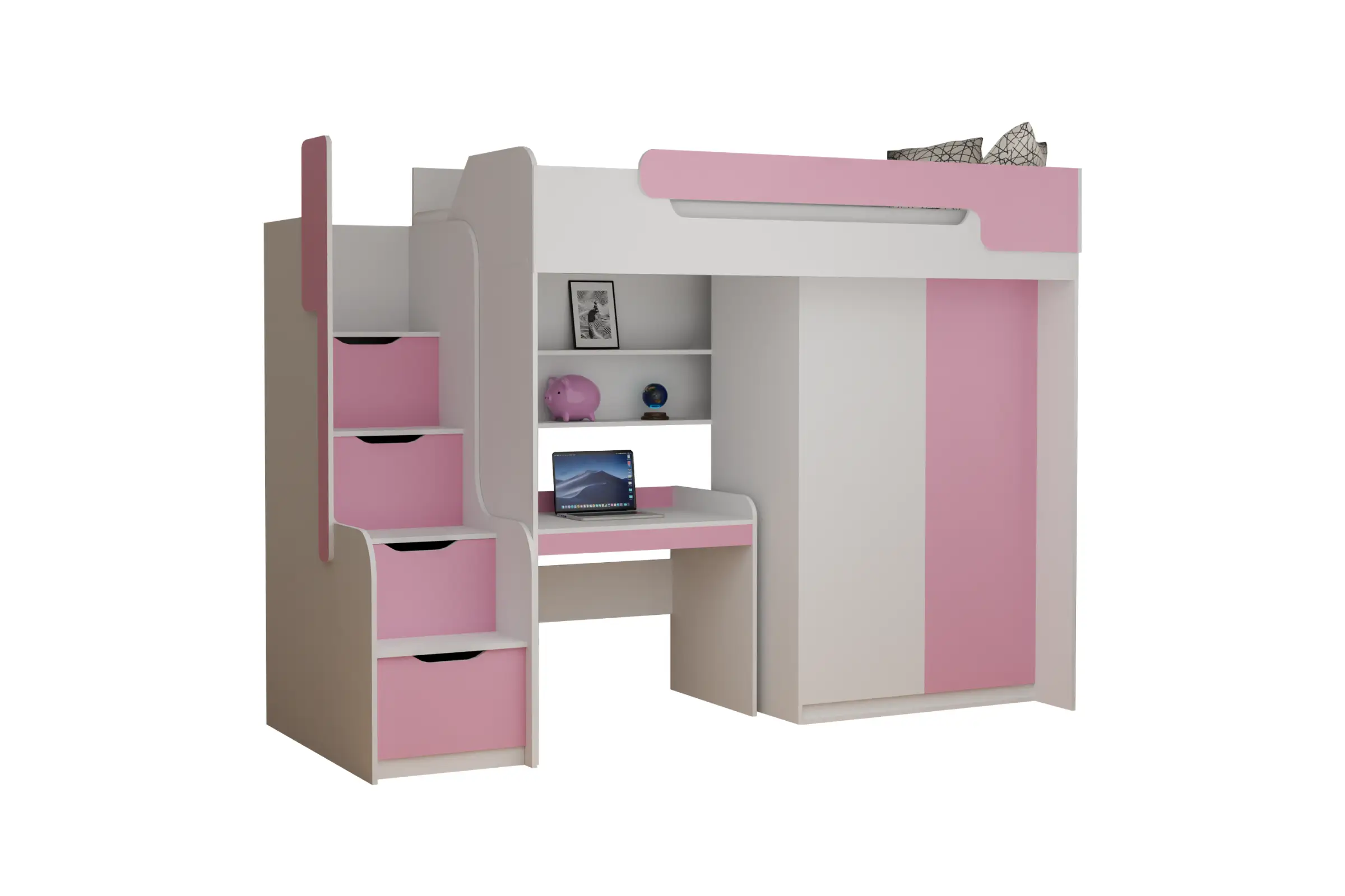 ARTHUR 90x200 Wit + Roze Hoogslaper Functioneel Bed met Bureau, Kast en Trap Kinder Meubels