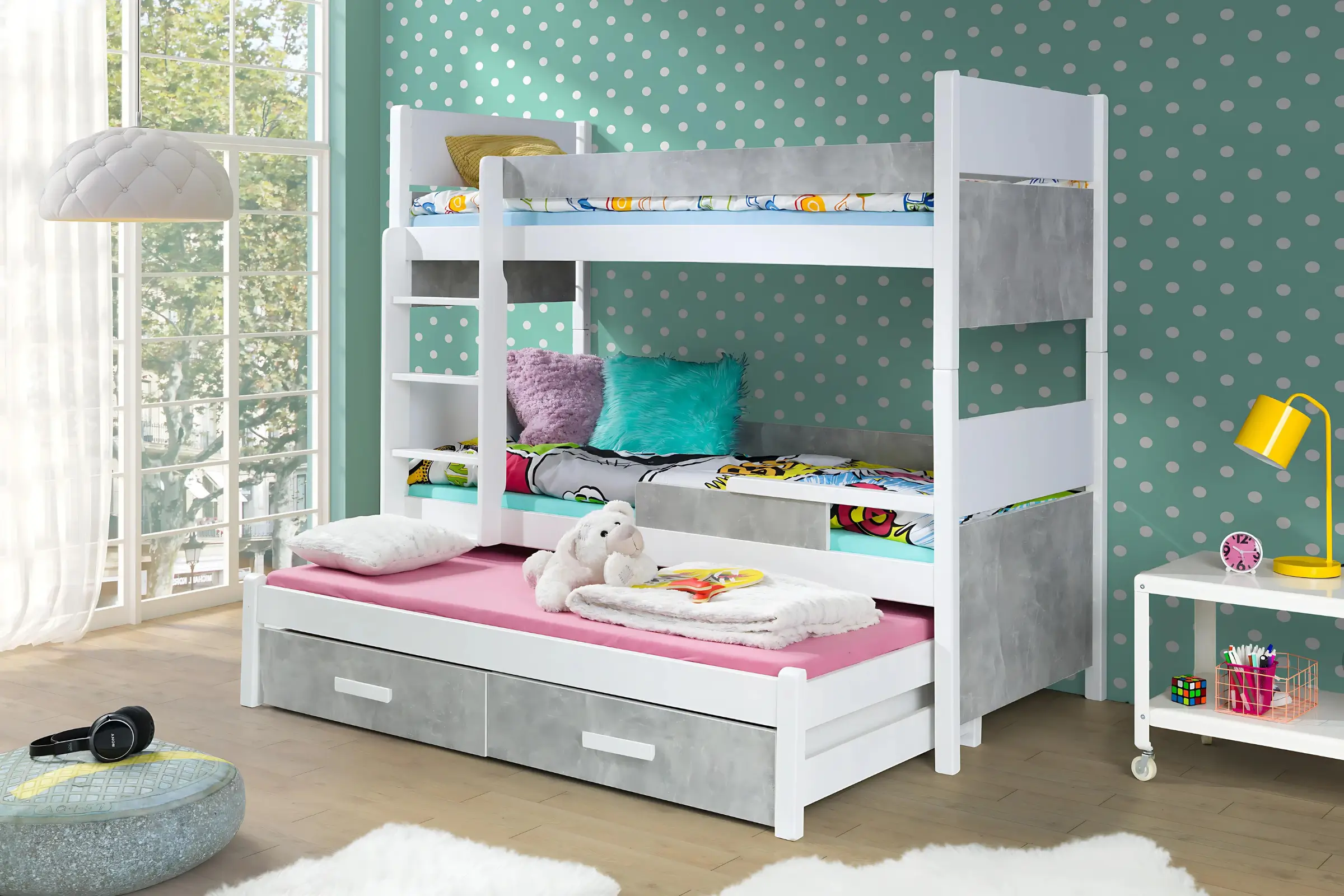AUGUSTIN 90x200 Wit + Beton Stapelbed Uitschuifbed met Lades Kinder Meubels