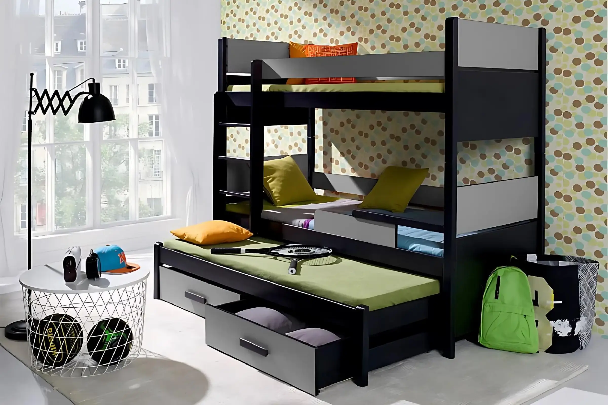 AUGUSTIN 90x200 Wengé + Antraciet Stapelbed Uitschuifbed met Lades Kinder Meubels