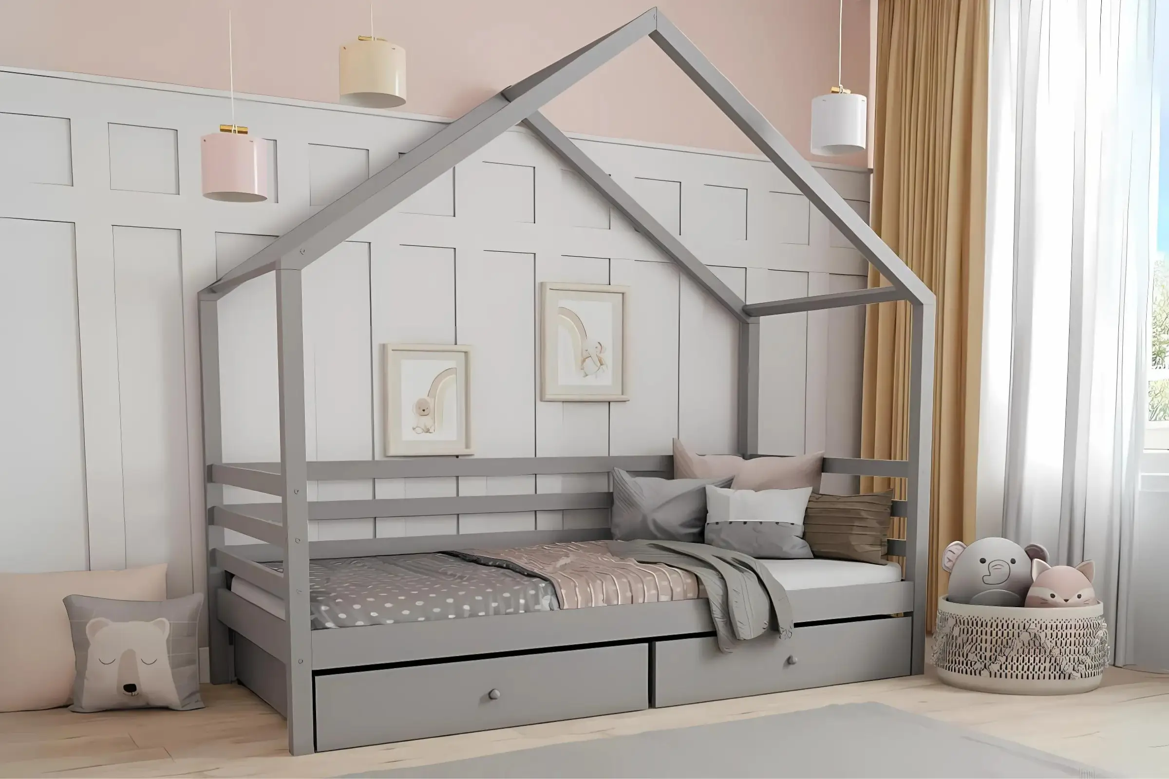 COMET 120x200 Grijs Huisbed Kinderbed met Lades Kinder Meubels