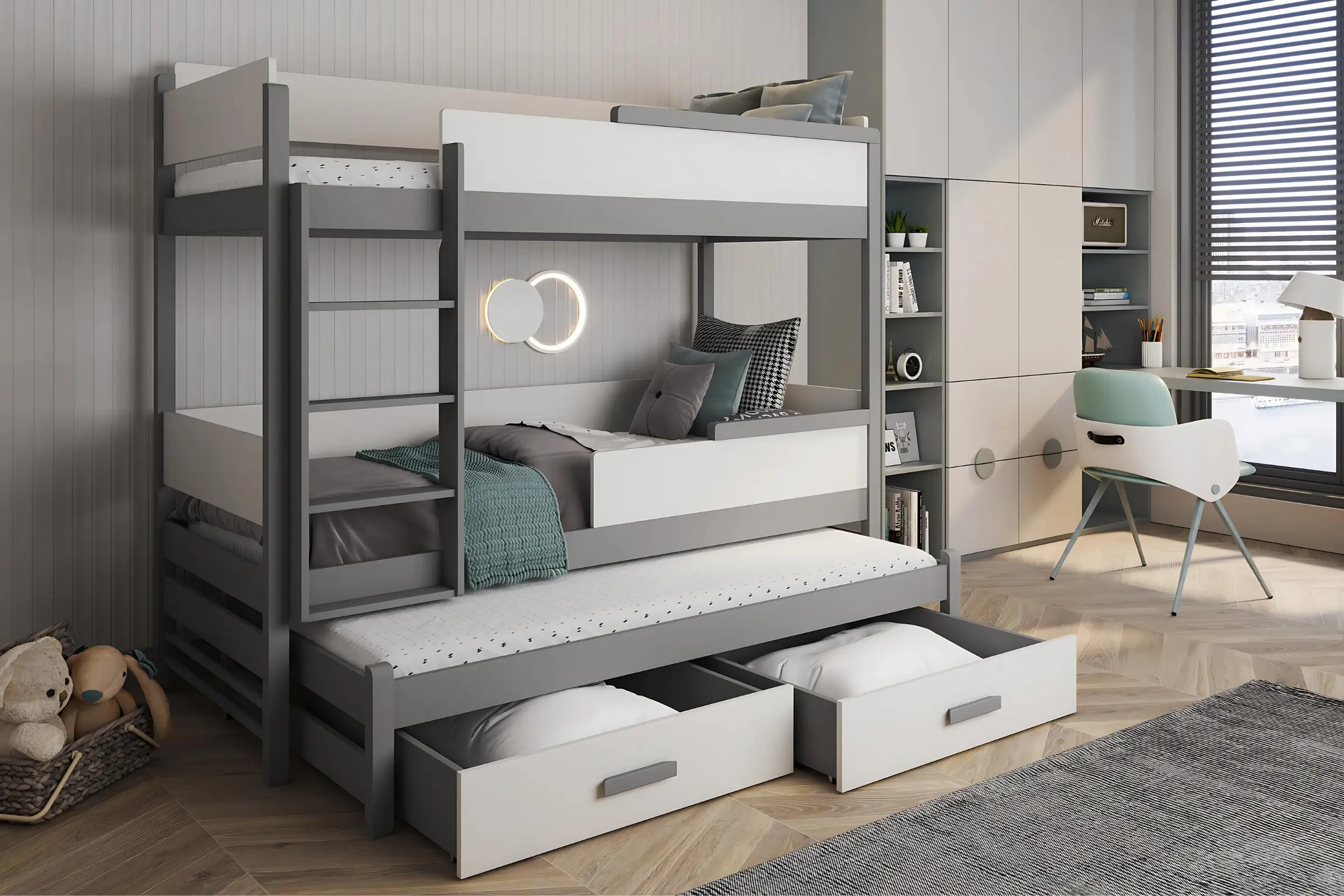 CONNOR 90x200 Grijs + Wit Stapelbed Uitschuifbed met Lades Kinder Meubels