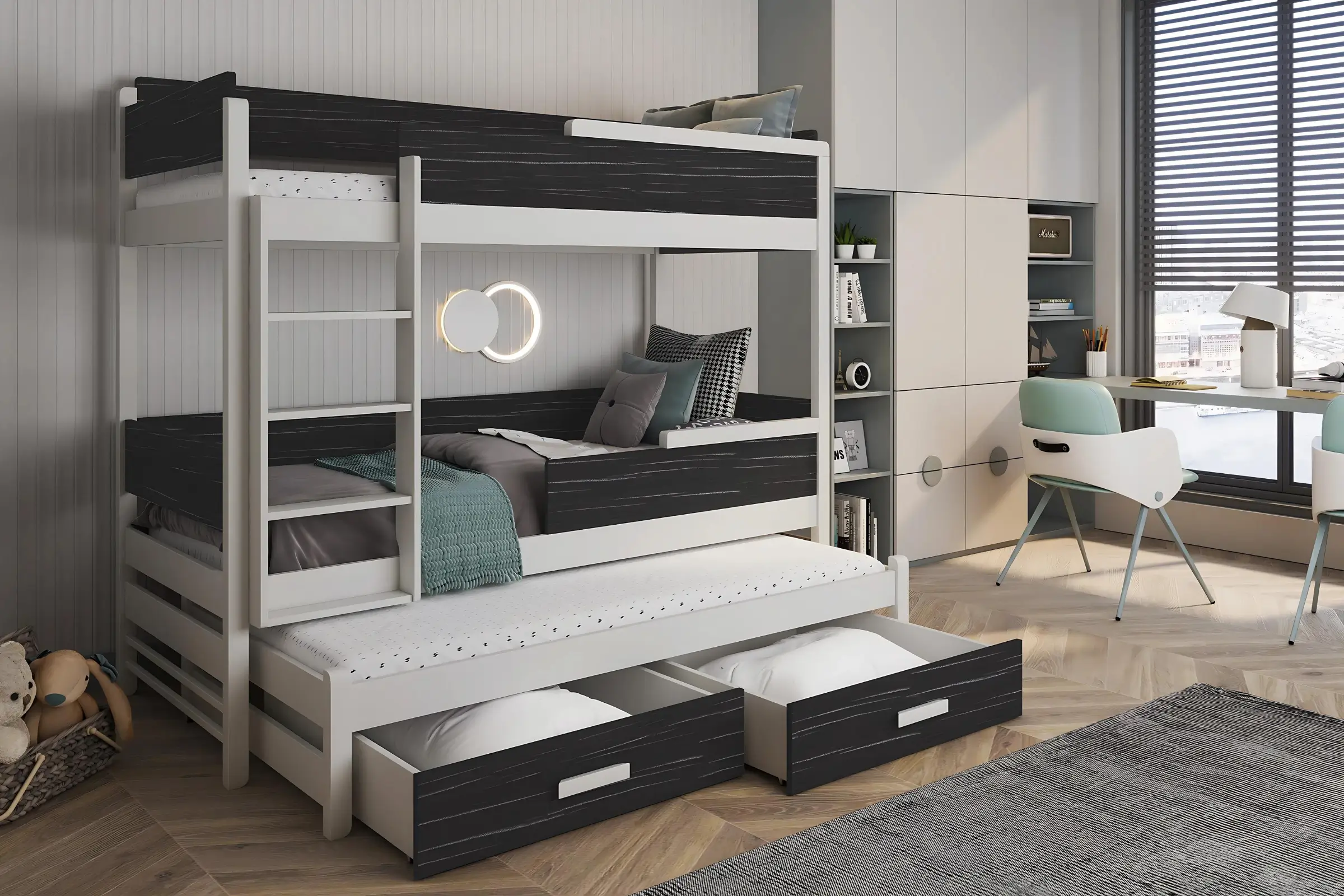 CONNOR 90x200 Wit + Onyx Stapelbed Uitschuifbed met Lades Kinder Meubels
