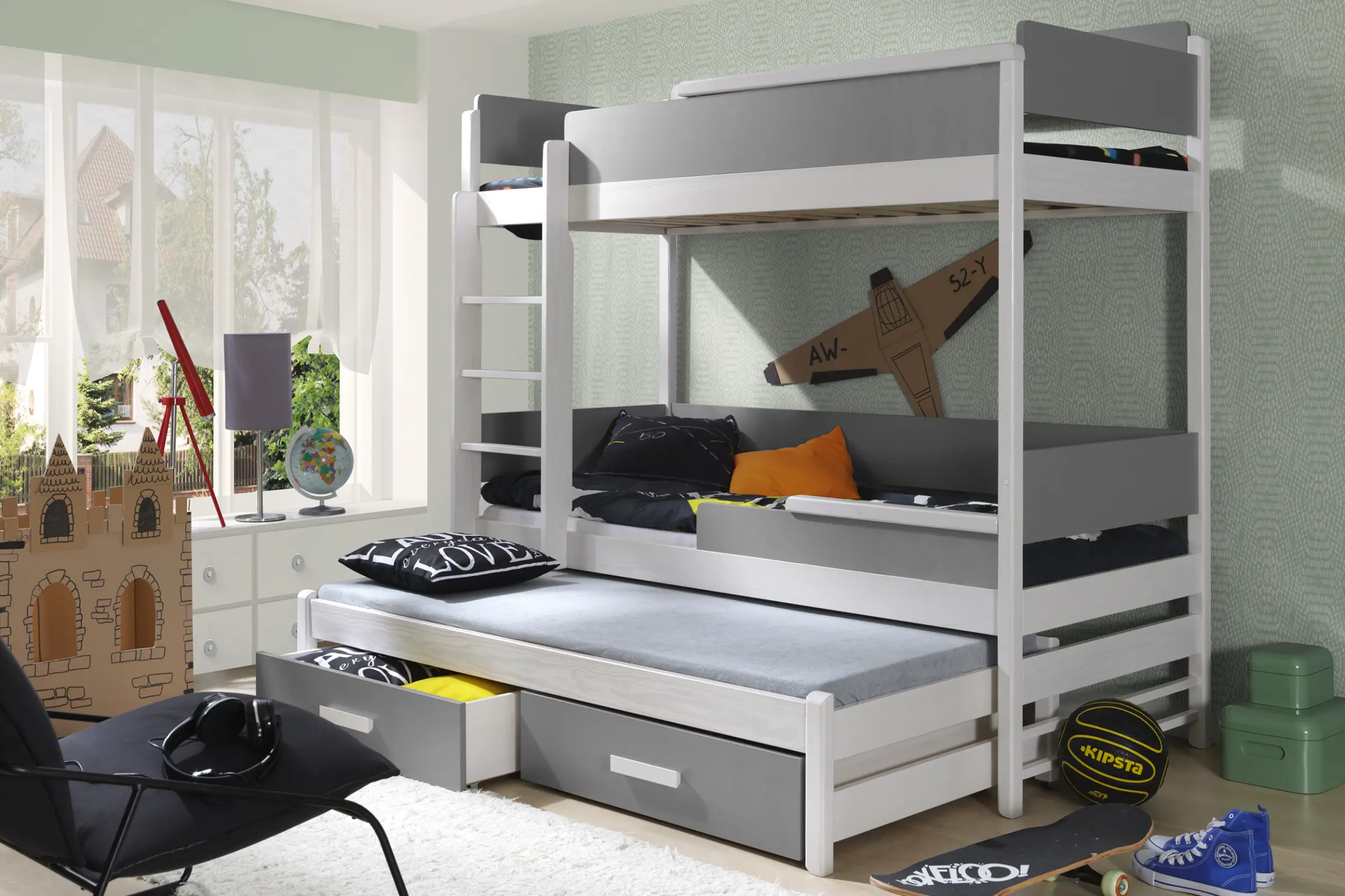 CONNOR 90x200 Wit + Grijs Stapelbed Uitschuifbed met Lades Kinder Meubels