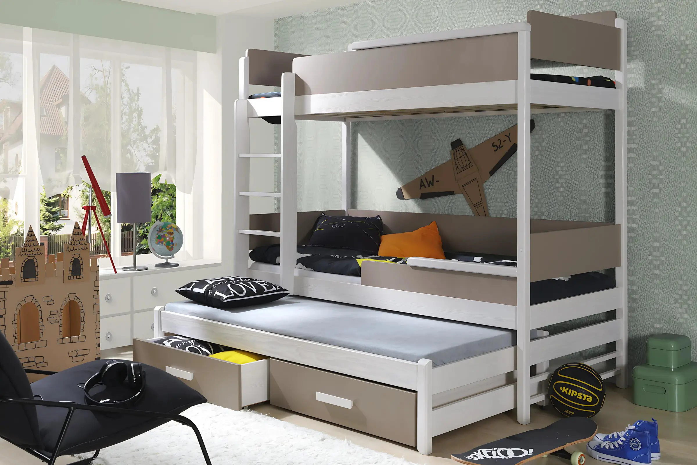 CONNOR 90x200 Wit + Truffel Stapelbed Uitschuifbed met Lades Kinder Meubels