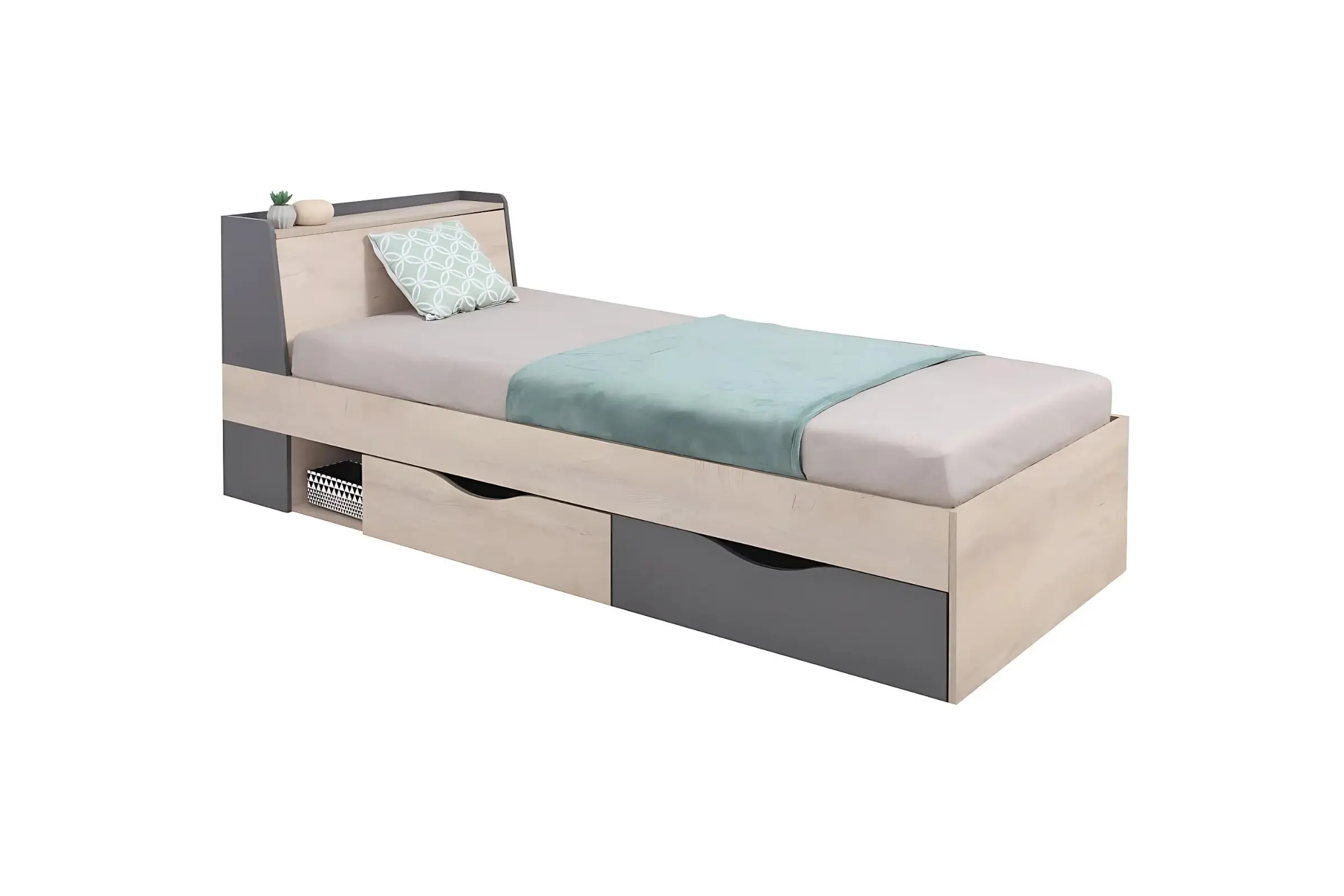 DARLA D14 90x200 Eik + Grafiet Kinderbed Eenpersoonsbed met Lades Kinder Meubels