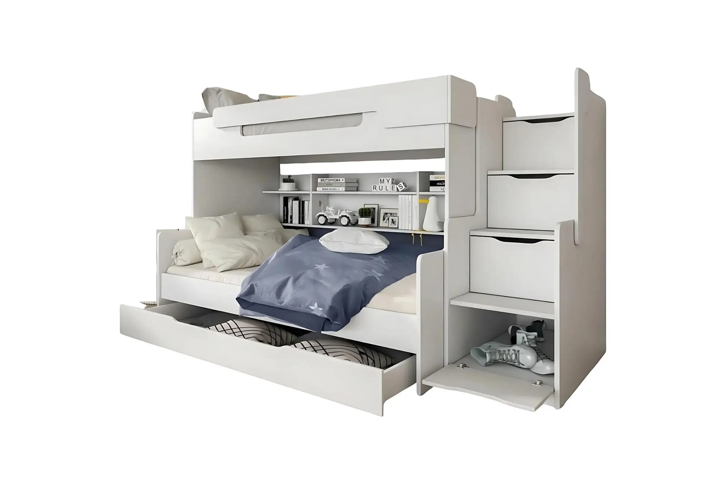 HANNA 90x200/120x200 Wit Stapelbed Functioneel Bed met Trap Kinder Meubels