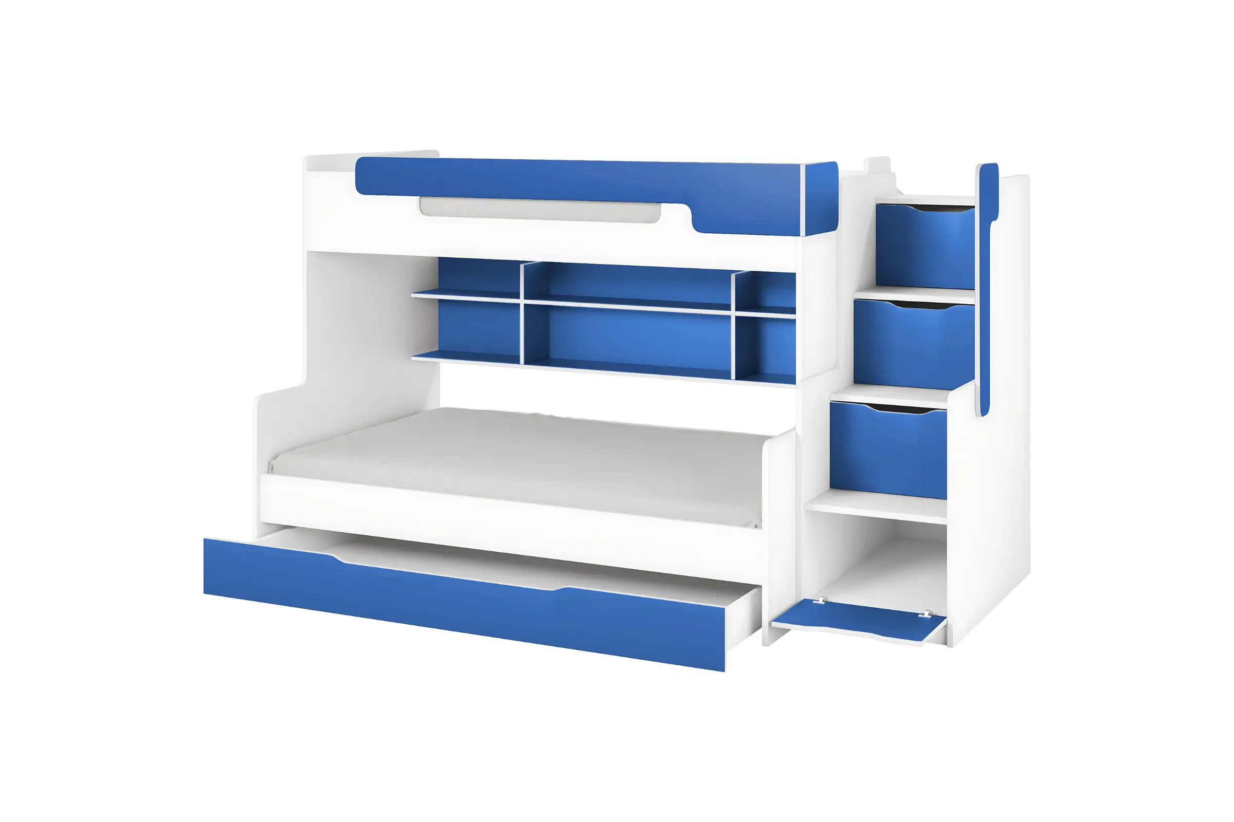 HANNA 90x200/120x200 Wit + Blauw Stapelbed Functioneel Bed met Trap Kinder Meubels