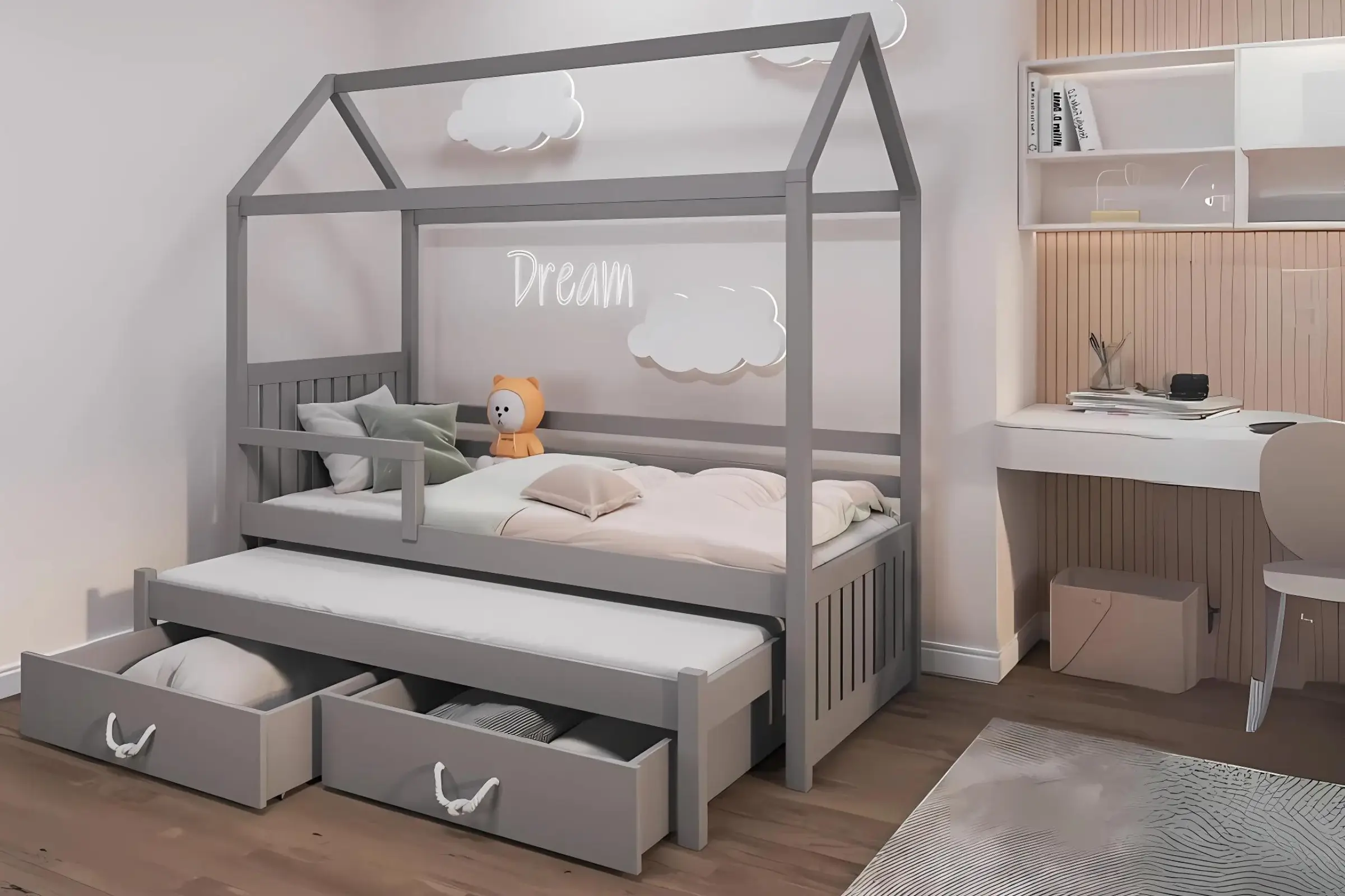 JULE II 90x200 Grijs Huisbed Kinderbed van Massief Hout Kinder Meubels