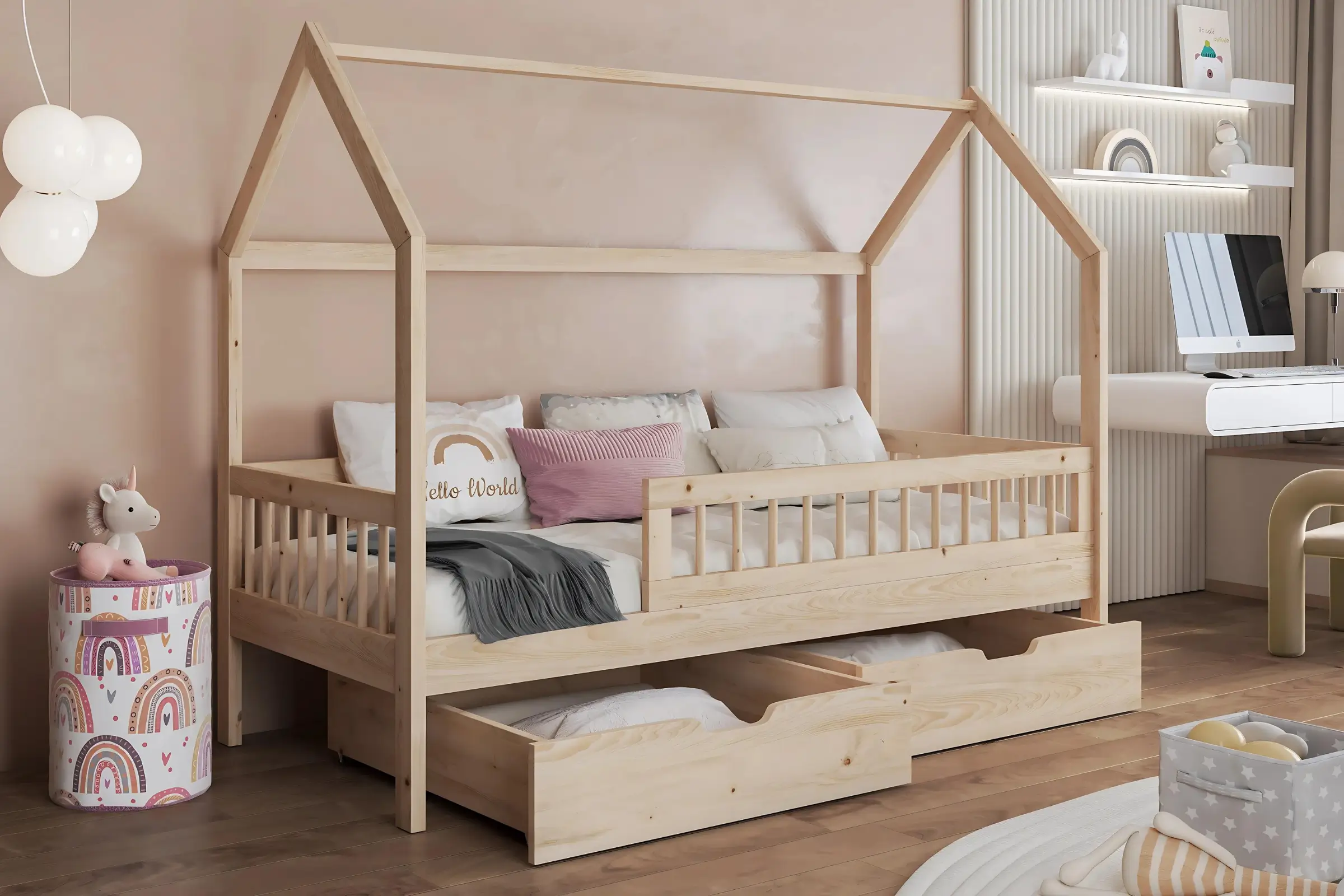 IDIMEX Huisbed RENA van massief grenen in grijs, mooi Montessori bed met valbeveiliging, stabiel kinderbed in 90 x 200 cm