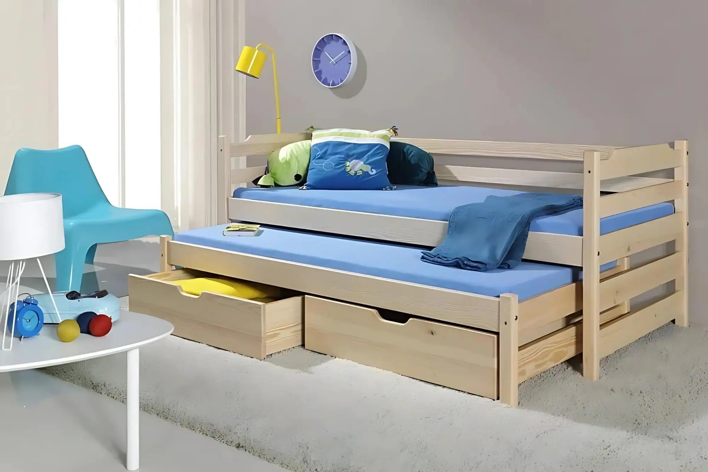 MIKE 90x200 Natuurlijk Grenen Kinderbed Uitschuifbed met Laden Kinder Meubels