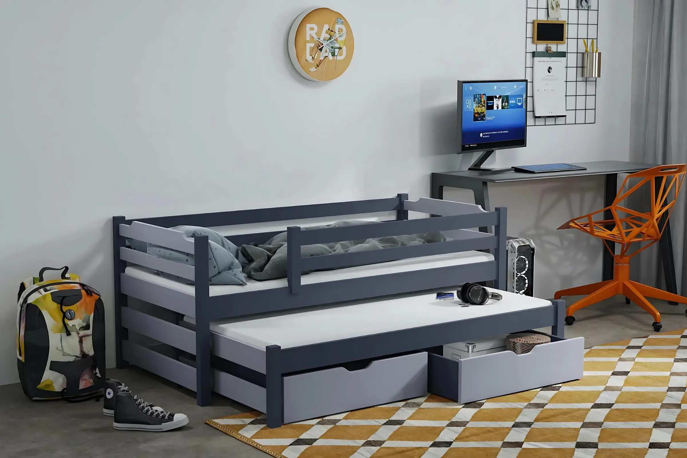 MIKE 90x200 Grafiet + Grijs Kinderbed Uitschuifbed met Laden Kinder Meubels