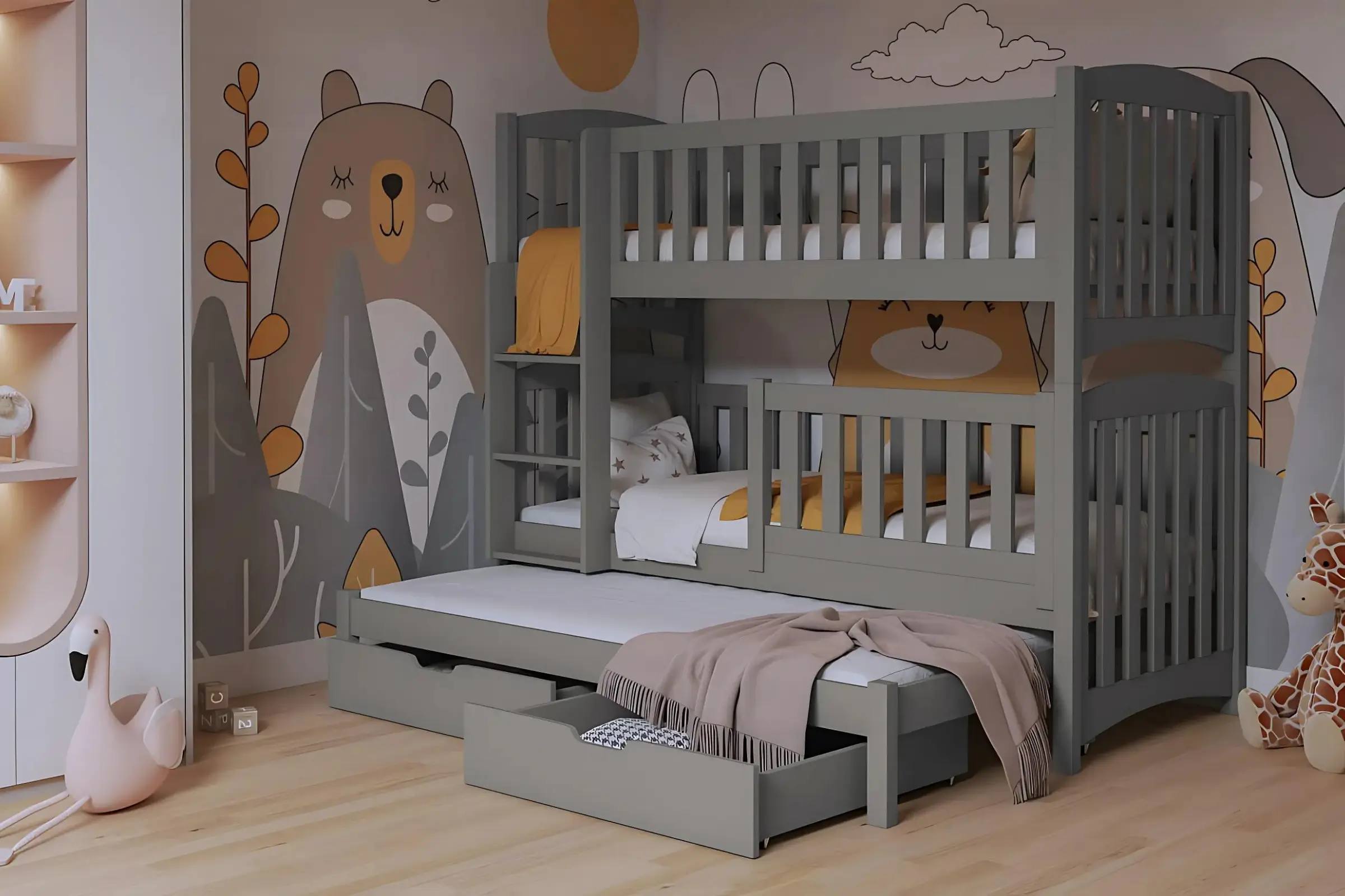 NOAH III 90x200 Grijs Stapelbed Uitschuifbed met Laden Kinder Meubels
