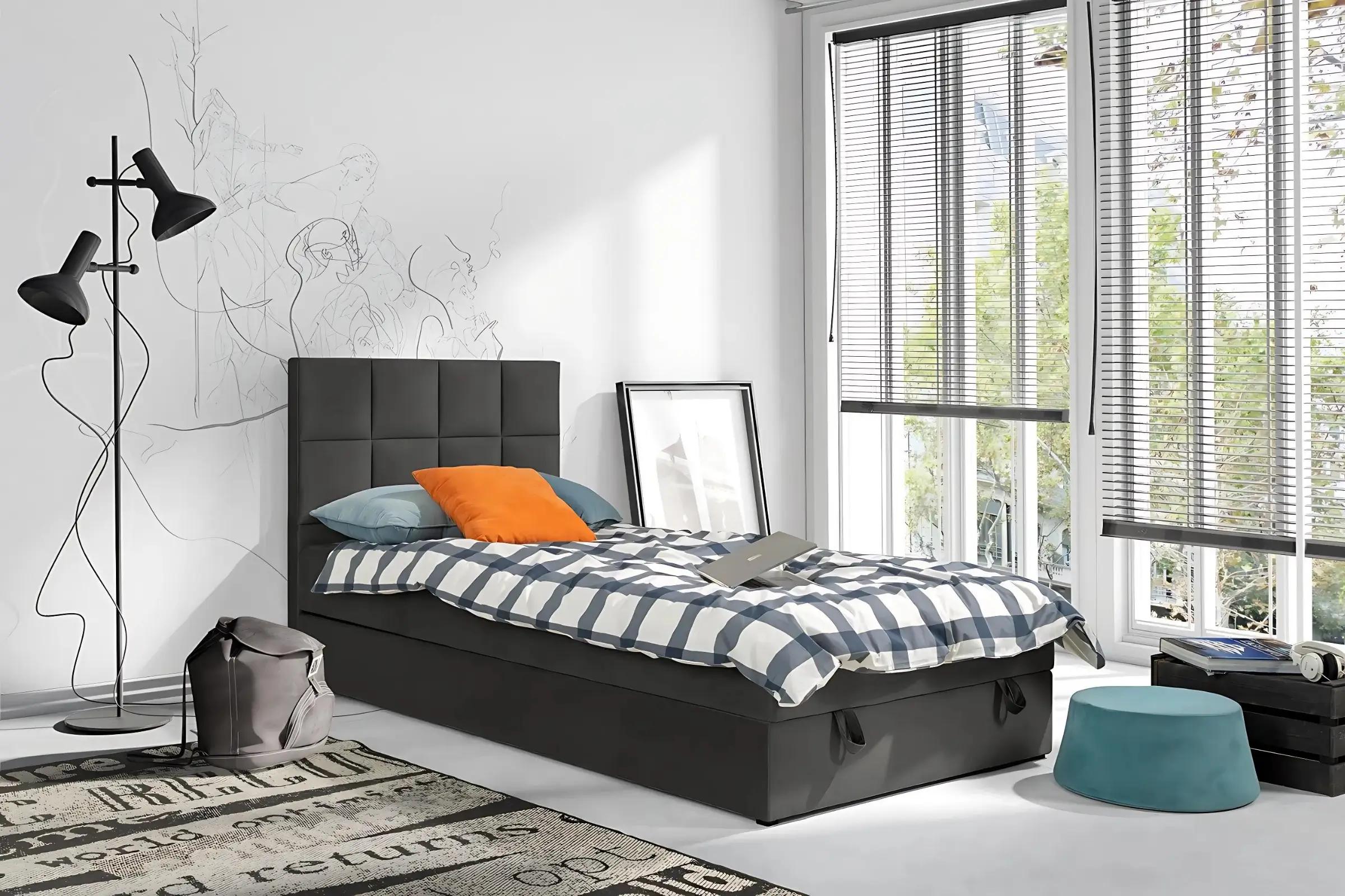 PETER 100x200 Riviera 95 Antraciet Boxspringbed Eenpersoonsbed Jeugdbed Kinder Meubels