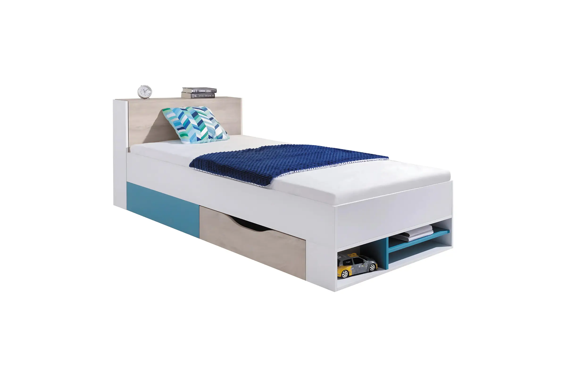 PETRA P14 90x200 Wit + Eik + Turquoise Kinderbed Eenpersoonsbed met Laden Kinder Meubels