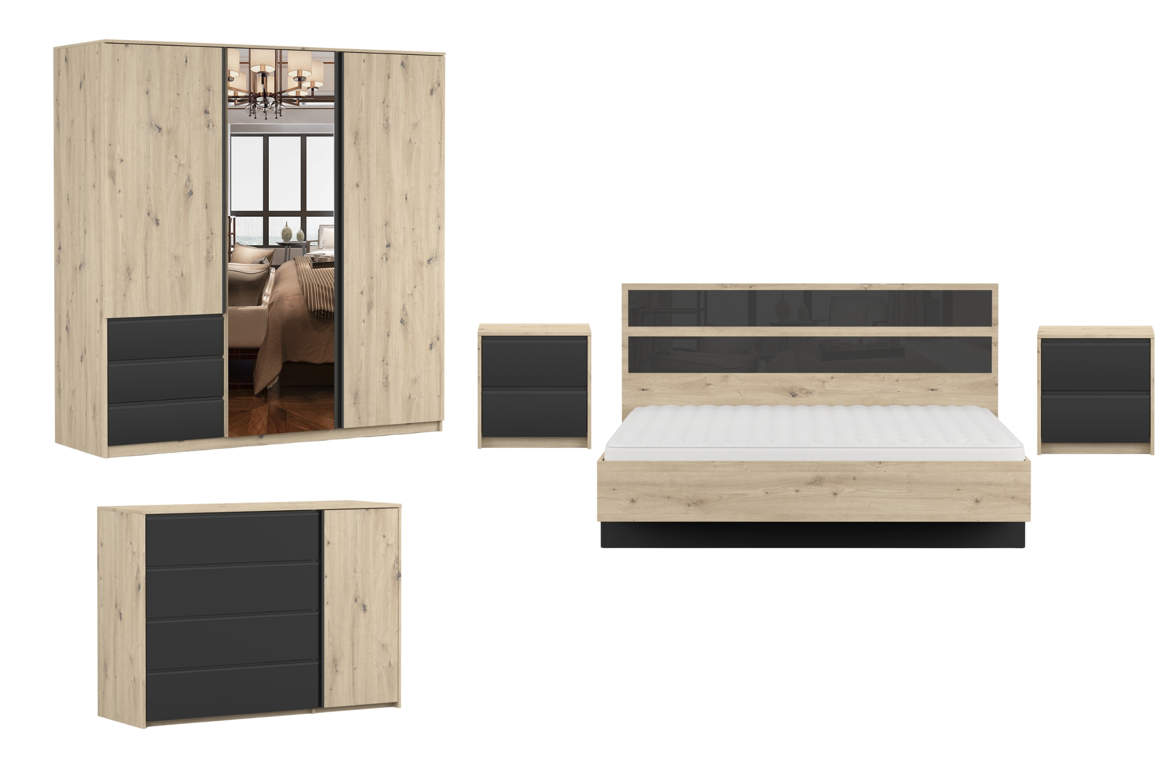 AURORA slaapkamer set compleet - slaapkamermeubelset met kledingkast 230 cm breed