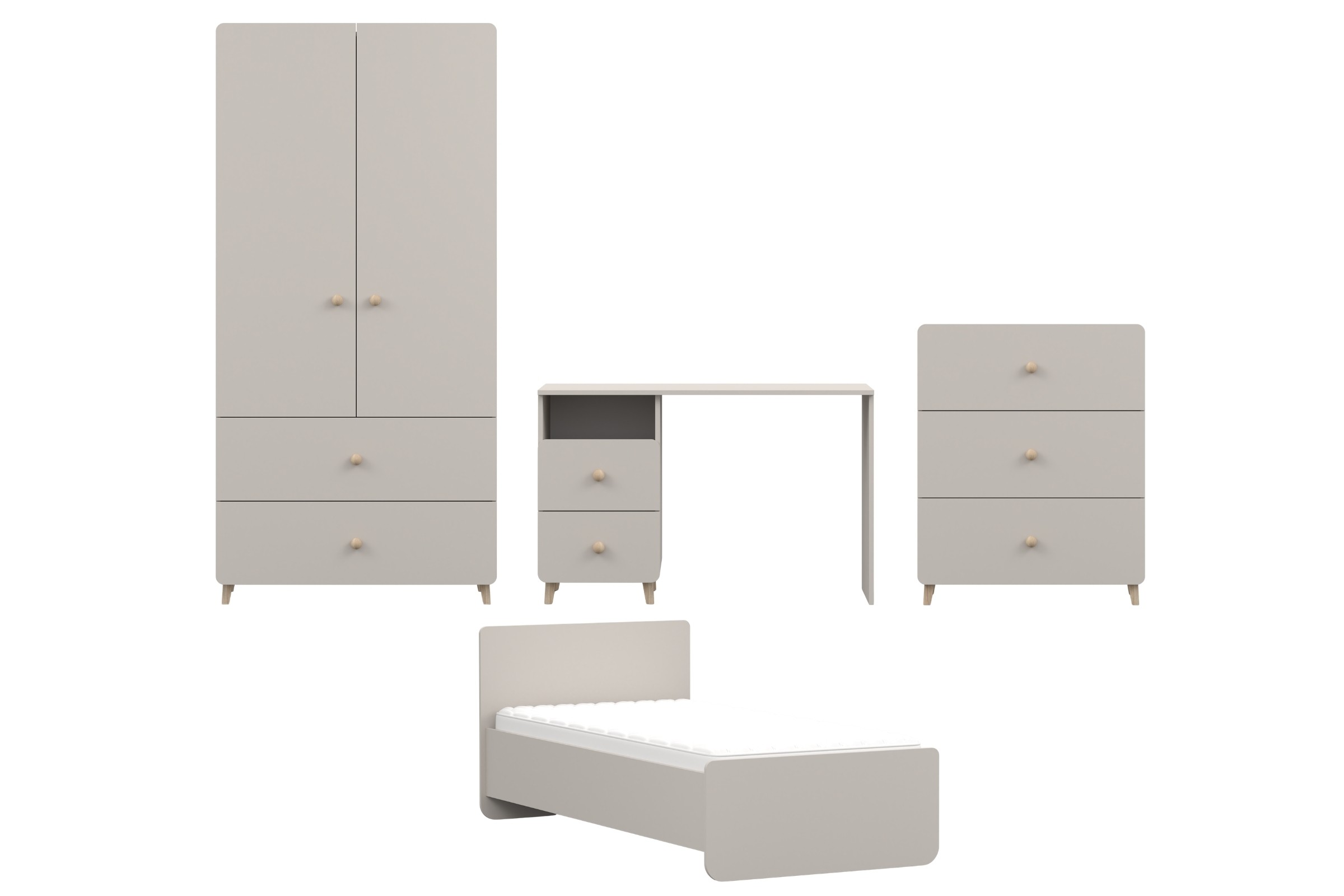MARCO A tienerkamerset kasjmier met kledingkast, bureau, commode en kinderbed Kinder Meubels 24