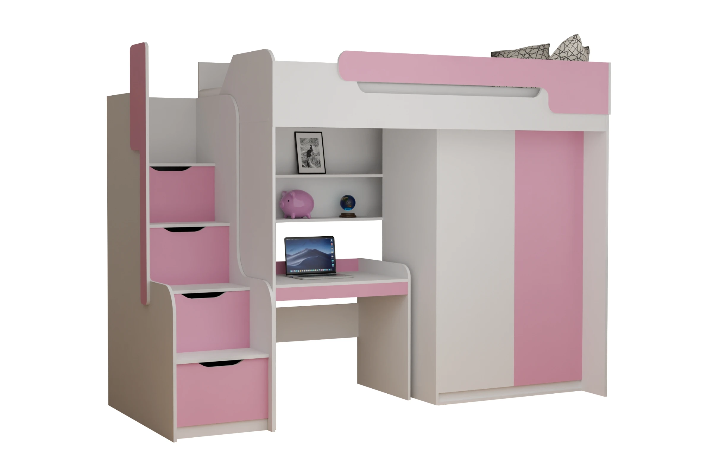 ARTHUR 90x200 Wit + Roze Hoogslaper Functioneel Bed met Bureau, Kast en Trap Kinder Meubels