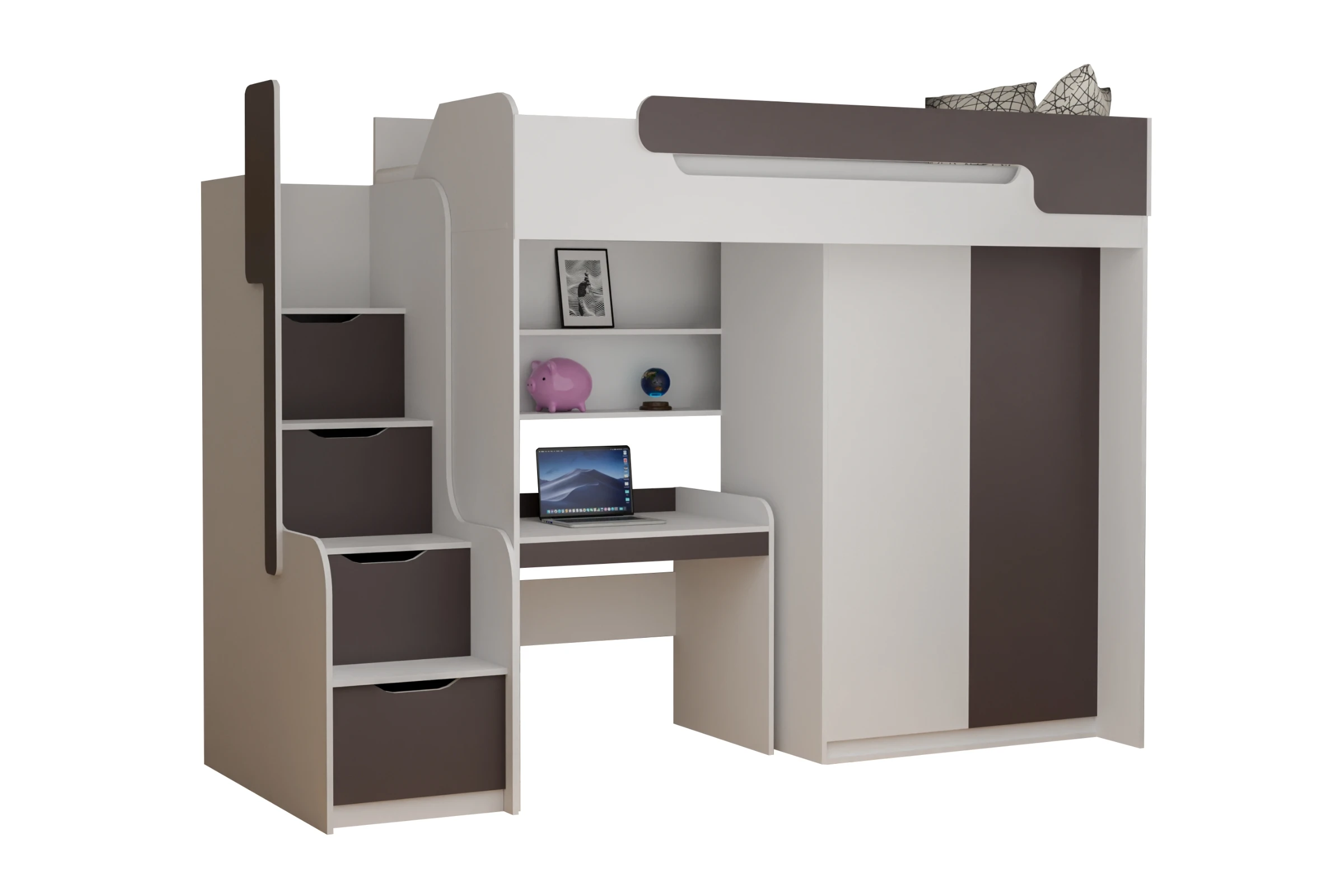 ARTHUR 90x200 Wit + Grafiet Hoogslaper Functioneel Bed met Bureau, Kast en Trap Kinder Meubels