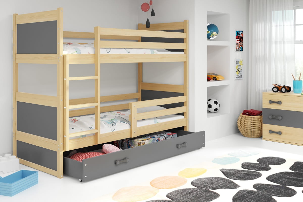 Stapelbedden 3 Bedden 140x200cm 2x70x140cm, Met Nachtkastje Kinderbedje Ladder En Lattenbodem Grijs Grenenhout